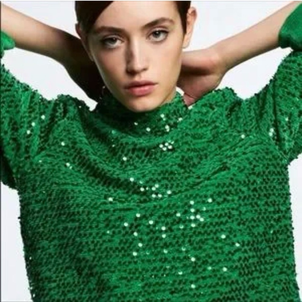 ZARA Green Sequin Chenille Sweater Top | Blogger Favorite | Size L